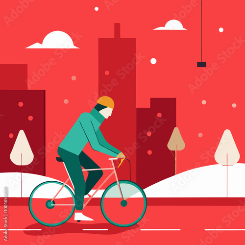 Cyclist riding on city street with red background illustration