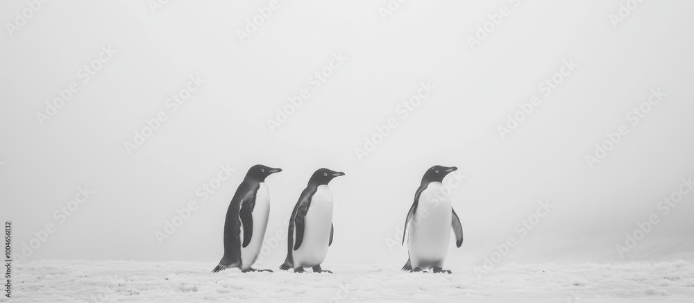 Obraz premium Four penguins are gathered on a snowy surface in Antarctica, surrounded by a misty, ethereal atmosphere during winter