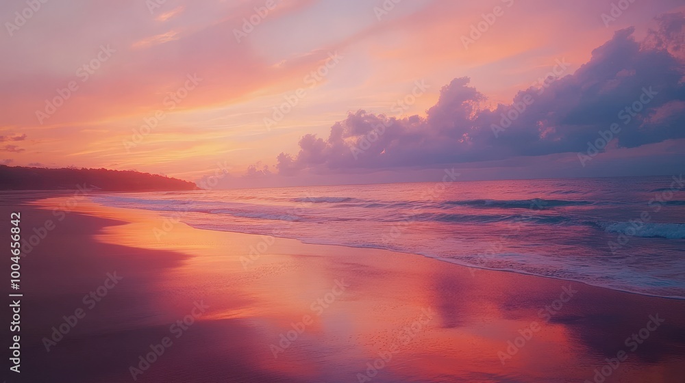 Fototapeta premium Stunning sunrise over a tranquil beach with vibrant hues of pink and orange reflecting on the water.