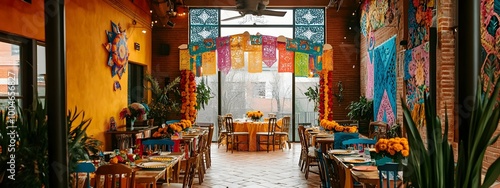 Vibrant Mexican Wedding Arch Decor with Colorful Flowers and Paper Lanterns.