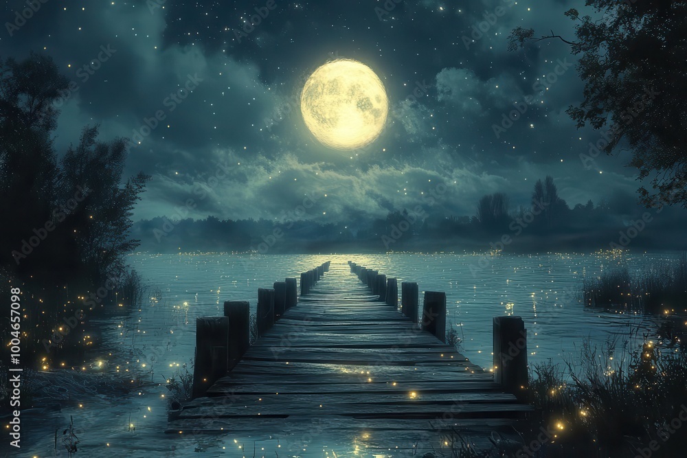 Obraz premium abandoned pier illuminated by moonlight surrounded by flickering fireflies serene waves lapping against the posts beneath a sky filled with stars creating a melancholic yet beautiful scene