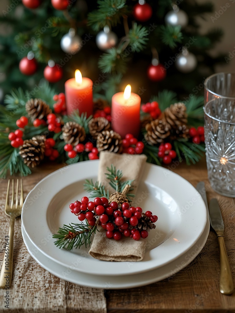 Festive Christmas table with red berries, pine cones, and holiday warmth. Festive Christmas table with red berries, pine cones, and holiday warmth.