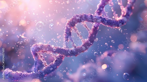 Beautiful pink DNA double helix spiral with light bokeh and bubbles, gracefully floating on a blue background