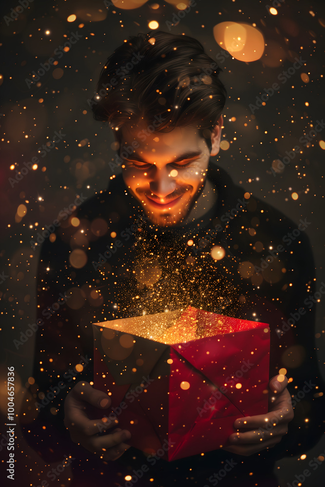 Fototapeta premium Young man holding open present box with golden light and sparkles. christmas anniversary valentines day gift. High quality photo