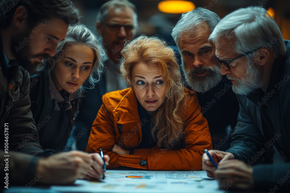 Fototapeta premium A diverse group of businesspeople gathered around an office floor, brainstorming ideas on paper and digital devices in the style of documentary photography.