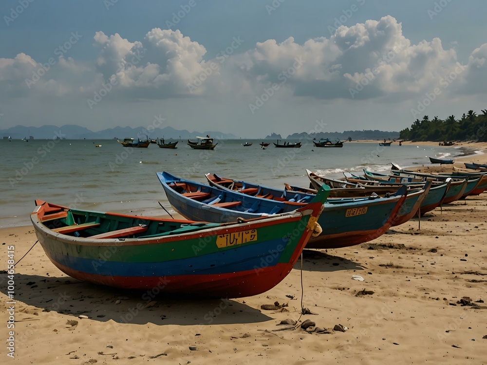 Fisher boats at a beach near Hue, Vietnam. Fisher boats at a beach near Hue, Vietnam.