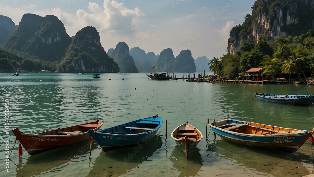 Fishing boats on wooden piers at Koh Panyee. Fishing boats on wooden piers at Koh Panyee.