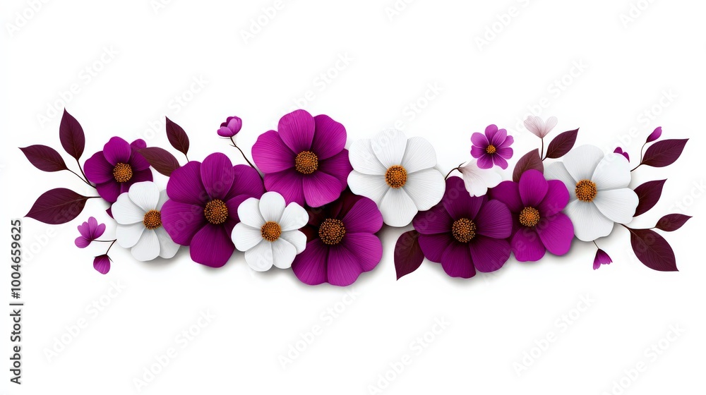 Floral Border of Purple and White Paper Flowers: A delicate and intricate arrangement of purple and white paper flowers with green leaves, creating a beautiful and elegant border for any design. Floral Border of Purple and White Paper Flowers: A delicate and intricate arrangement of purple and white paper flowers with green leaves, creating a beautiful and elegant border for any design.