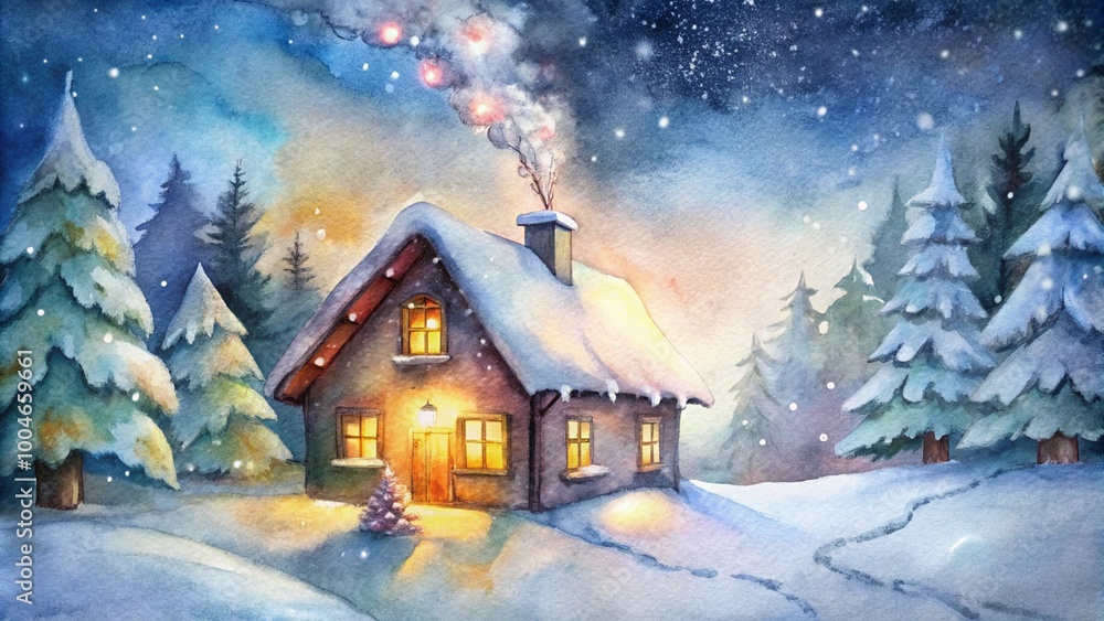 Cozy cabin with smoking chimney in snowy forest, watercolor style Cozy cabin with smoking chimney in snowy forest, watercolor style
