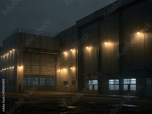 Foggy industrial building with hanging lights.