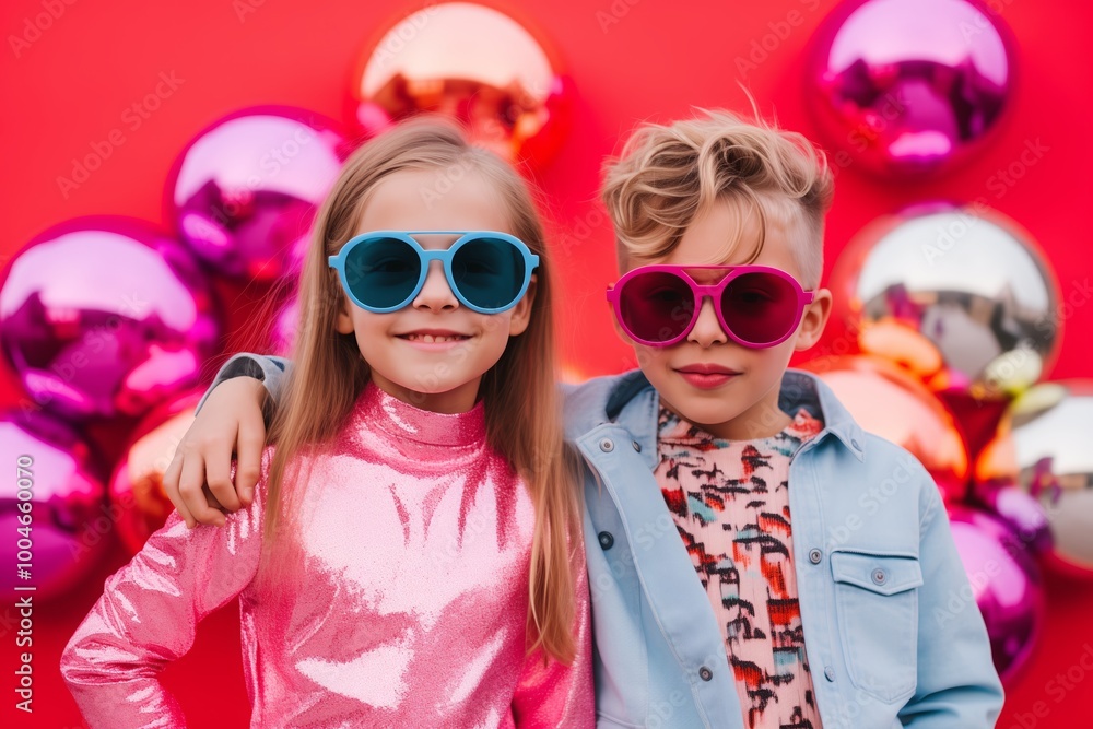 A smiling kids share a cheerful moment with colorful sunglasses and fashionable outfits. The boy hugged the girl on a party. A smiling kids share a cheerful moment with colorful sunglasses and fashionable outfits. The boy hugged the girl on a party.