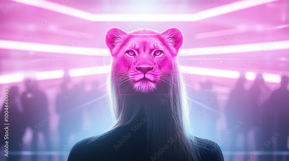 A woman stands alone against a crowd, her expression resolute and determined, a pink lioness symbol projected behind her. A woman stands alone against a crowd, her expression resolute and determined, a pink lioness symbol projected behind her.