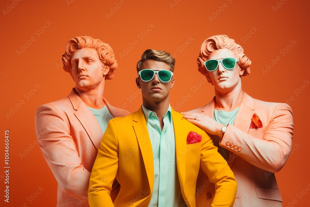 A stylish man stands confidently with two colorful statues, all wearing sunglasses, against an orange background. A stylish man stands confidently with two colorful statues, all wearing sunglasses, against an orange background.