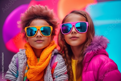 Portrait of two children in bright winter jackets and vibrant sunglasses against a colorful, dynamic background.