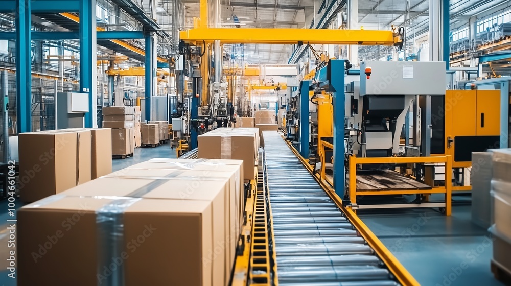 Conveyor system transporting cardboard boxes in a modern warehouse environment during daylight hours Conveyor system transporting cardboard boxes in a modern warehouse environment during daylight hours