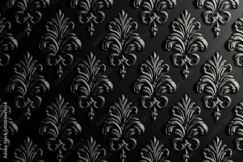 A textured black wallpaper featuring an intricate damask pattern. The design includes stylized floral motifs arranged in a repeating pattern, creating a luxurious and elegant appearance. A textured black wallpaper featuring an intricate damask pattern. The design includes stylized floral motifs arranged in a repeating pattern, creating a luxurious and elegant appearance.