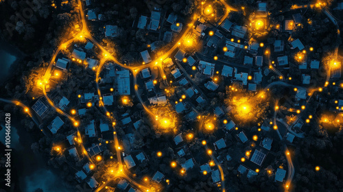  3D map with glowing yellow dots representing houses illuminated by solar-powered lights, marked with red location icons on main cities #1004661628