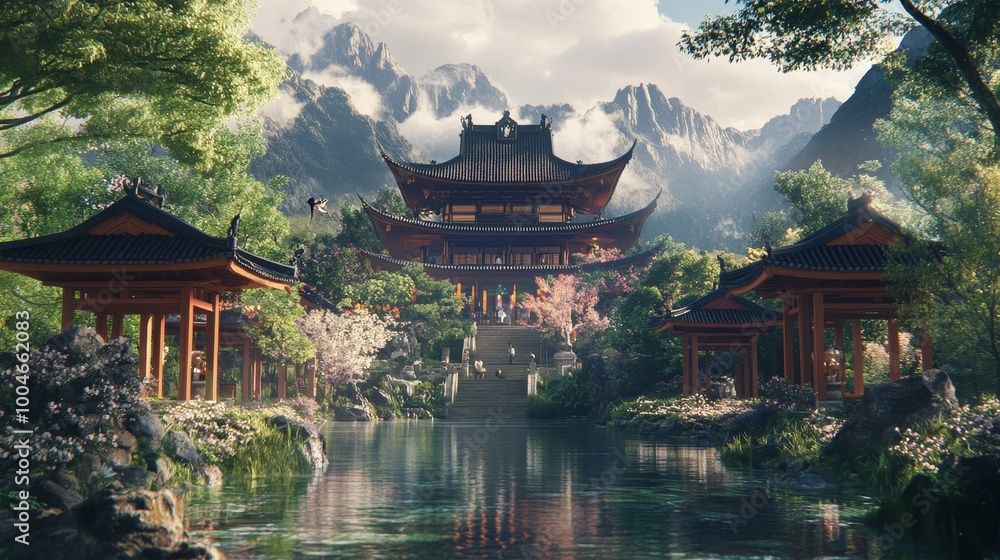 A breathtaking fusion of nature and architecture, where stunning landscapes harmonize with magnificent structures to create a scene of serene beauty A breathtaking fusion of nature and architecture, where stunning landscapes harmonize with magnificent structures to create a scene of serene beauty