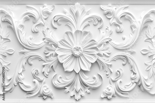 An intricate white plaster relief featuring floral and scroll motifs. The design showcases a large central flower surrounded by elegant swirls and leaves, creating a classic and ornate appearance.