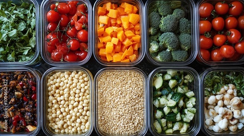 containers filled with assorted prepped vegetables and grains showcasing organized meal planning techniques for healthier eating habits and nutrition