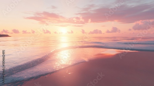 Serene sunset over calm ocean waves with soft pink and orange hues in the sky.