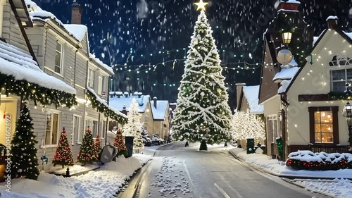 Snow falling on a christmas tree in the middle of a street surrounded by houses decorated with christmas lights, in slow motion