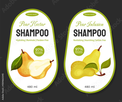 Fresh Pear Fruit Shampoo Label Design with Garden Crop Vector Template