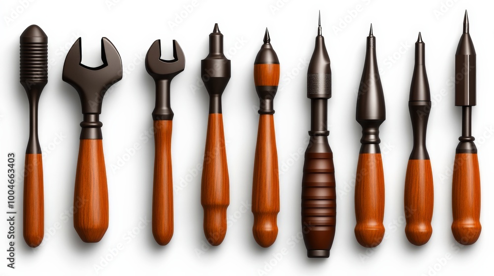 Artisan Tool Collection: A meticulously crafted 3D rendering showcases a diverse set of elegant artisan tools, each with unique design elements and rich, dark brown wooden handles. Artisan Tool Collection: A meticulously crafted 3D rendering showcases a diverse set of elegant artisan tools, each with unique design elements and rich, dark brown wooden handles.