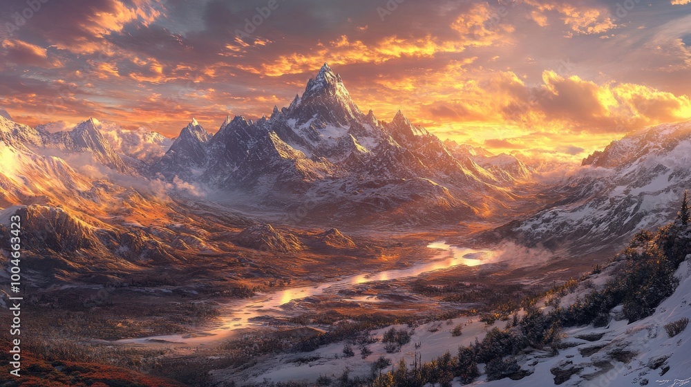 Majestic mountain range bathed in golden sunset hues, overlooking a winding river. Majestic mountain range bathed in golden sunset hues, overlooking a winding river.