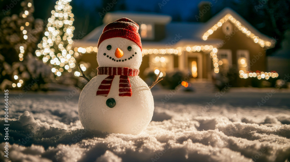 Obraz premium snowman standing in the backyard of a house decorated for Christmas