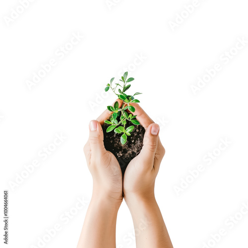Isolated top view of caring hands holding a small green plant with soil, symbolizing growth, environmental care, sustainability and respect for nature, transparent background