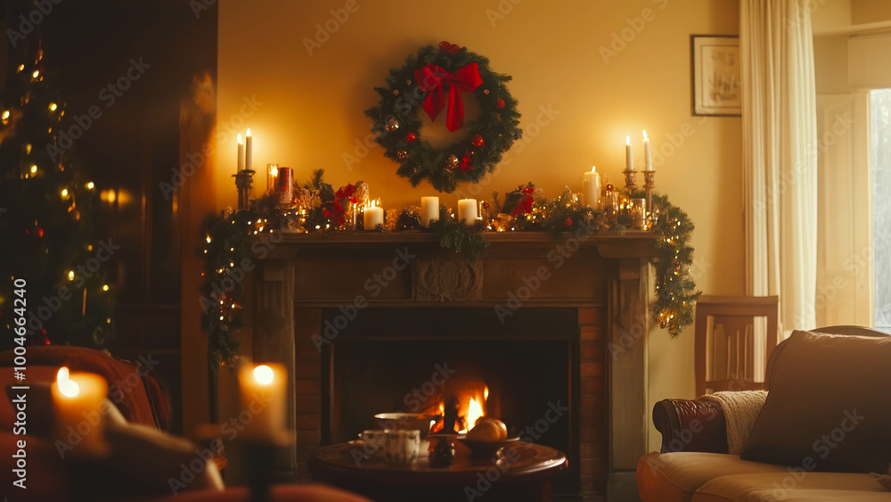 Christmas wreath hanging over the fireplace Christmas wreath hanging over the fireplace