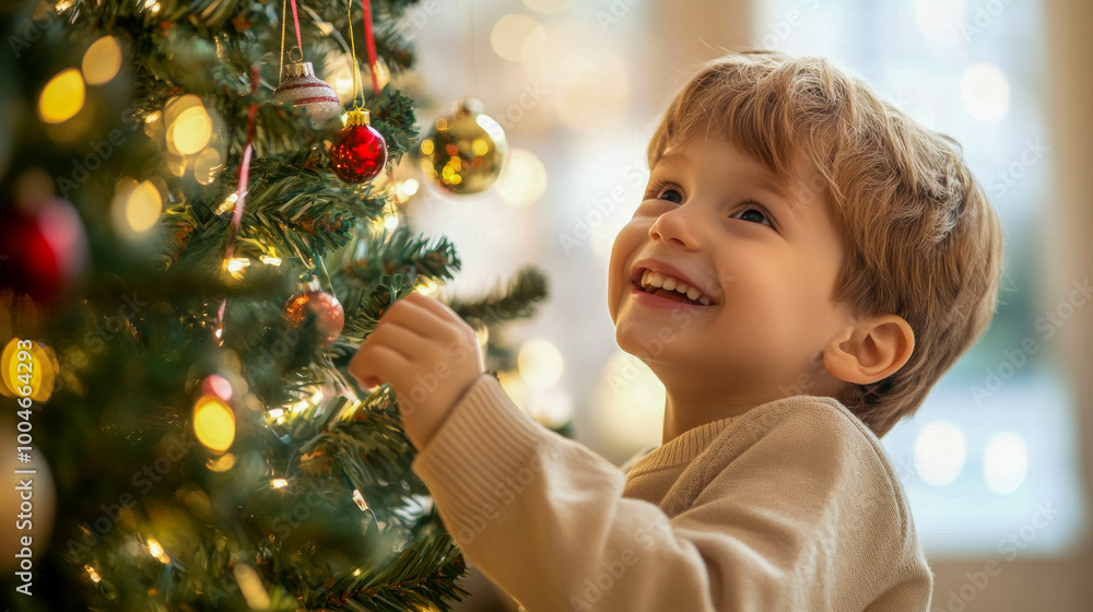 a child decorates a Christmas tree with toys a child decorates a Christmas tree with toys