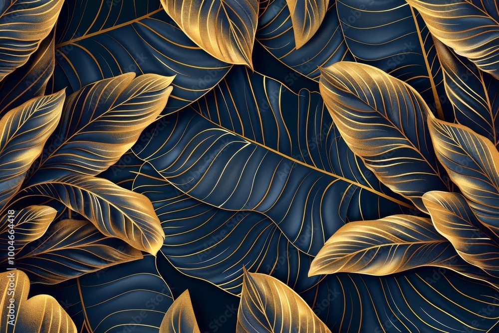 Elegant tropical leaf wallpaper with intricate golden banana leaf line arts and hand-drawn outlines, perfect for luxurious nature patterns in fabric, print, cover, banner, and invitation Elegant tropical leaf wallpaper with intricate golden banana leaf line arts and hand-drawn outlines, perfect for luxurious nature patterns in fabric, print, cover, banner, and invitation