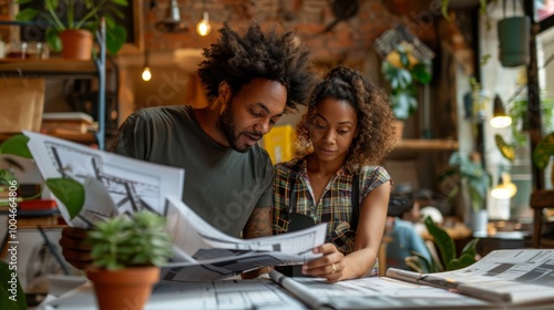 Man and woman at a bustling construction site, reviewing blueprints and discussing project details