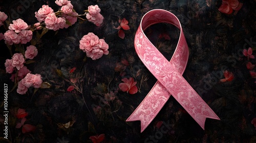 Intricate luxurious and radiant pink ribbon design representing breast cancer advocacy with a art Renaissance inspired aesthetic and a Japanese garden like lush ornate and decorative photo