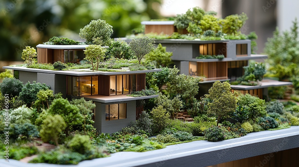 Fototapeta premium eco-friendly architecture featuring green residential homes and community gardens surrounded by lush vegetation in urban planning