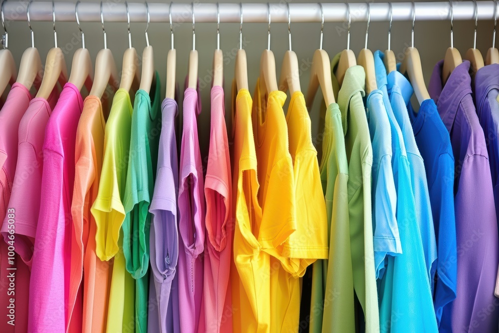 Colorful wardrobe essentials hanging neatly on hangers in a spacious closet. Colorful wardrobe essentials hanging neatly on hangers in a spacious closet.