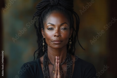 africanamerican woman in a reflective prayer pose hands folded on a black backdrop deep focus on spirituality and inner strength enhancing the sense of devotion photo