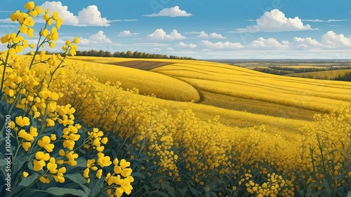 Field of rapeseed, canola or colza in Latin Brassica napus with rural road, beautiful clouds and sun, rape seed is plant for green energy and oil industry, springtime golden flowering field photo