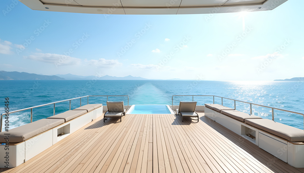 Fototapeta premium Upper yacht deck with light wood flooring and sun loungers under bright sunshine overlooking the blue ocean