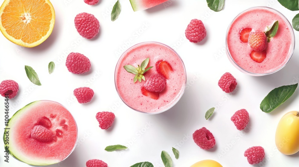 Creative layout made of smoothies and fruits around Flat lay Food concept Smoothies on the white background with watermelon strawberries apricot orange raspberry dragonfruit and grapef : Generative A Creative layout made of smoothies and fruits around Flat lay Food concept Smoothies on the white background with watermelon strawberries apricot orange raspberry dragonfruit and grapef : Generative A