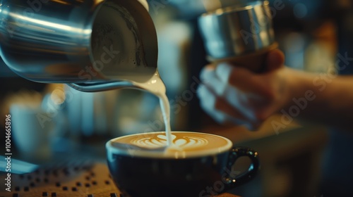 Close-up of barista's hands pouring milk into a coffee cup