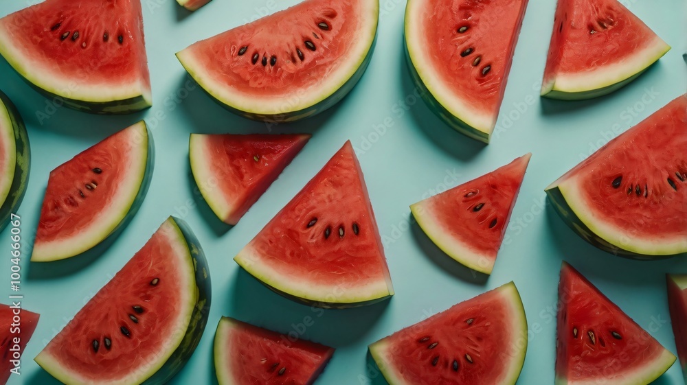 Slices of fresh watermelon arranged on a light blue background highlighting the vibrant colors and textures of the fruit Slices of fresh watermelon arranged on a light blue background highlighting the vibrant colors and textures of the fruit