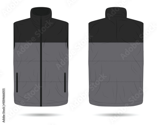 Black and grey padded vest mockup front and back view