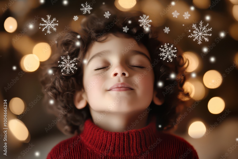 Photo portrait, little boy, eyes closed, dreaming about snowflakes, smiling, cartoon drawn circles, red wool sweater, curly hair, festive winter background, blurred garland lights Photo portrait, little boy, eyes closed, dreaming about snowflakes, smiling, cartoon drawn circles, red wool sweater, curly hair, festive winter background, blurred garland lights