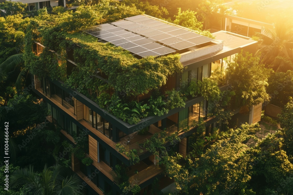 Fototapeta premium Modern eco-friendly building with rooftop solar panels and lush green balconies covered in plants. Sustainable architecture and energy efficiency concept. Aerial view