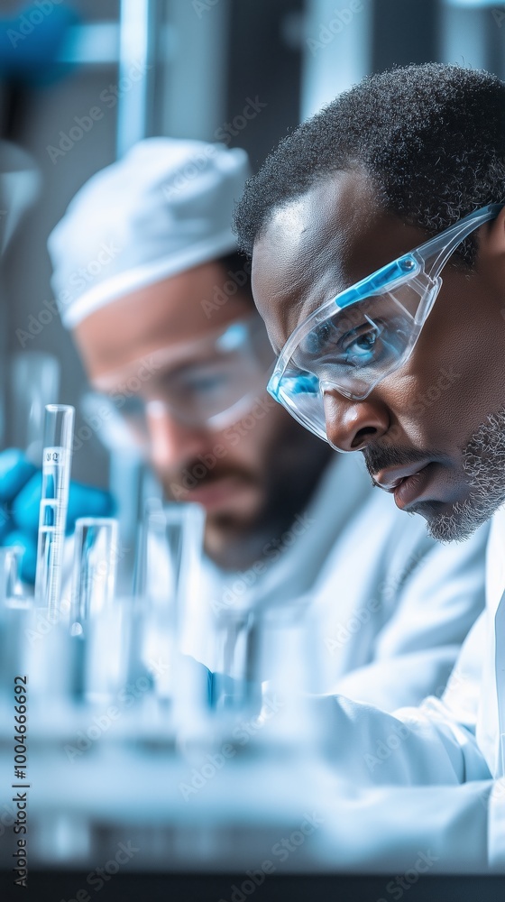 Scientists conducting detailed research in a laboratory, focusing on experiments with glass test tubes and solutions during the day Scientists conducting detailed research in a laboratory, focusing on experiments with glass test tubes and solutions during the day