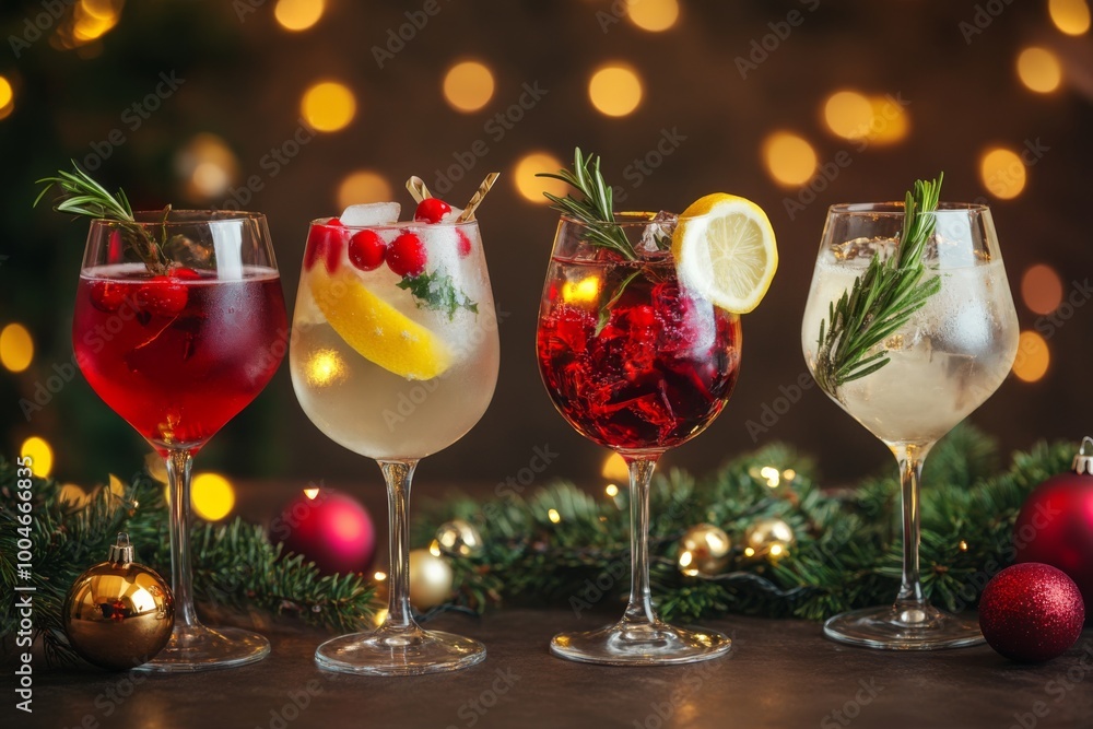 Festive Holiday Cocktails. Glasses of cocktails with Christmas decoration on bokeh lights background. Season drink set. Vibrant colorful display of various winter cocktails for New Year celebrations Festive Holiday Cocktails. Glasses of cocktails with Christmas decoration on bokeh lights background. Season drink set. Vibrant colorful display of various winter cocktails for New Year celebrations