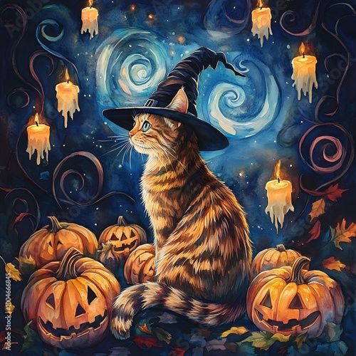 A surreal watercolor of a Halloween cat wearing a witch hat seated near pumpkins with swirling leaves vines and floating candles lighting up the background photo